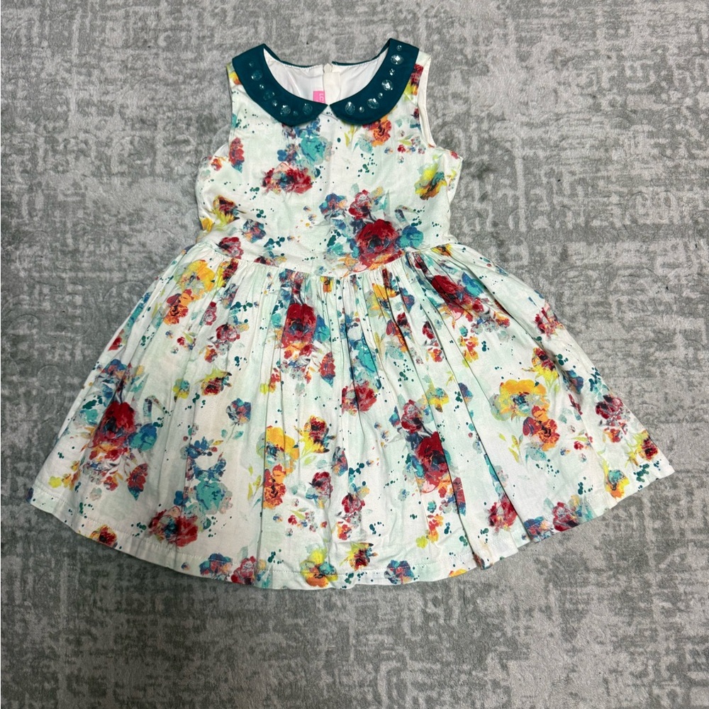 Floral Kids Dress with Blue Collar